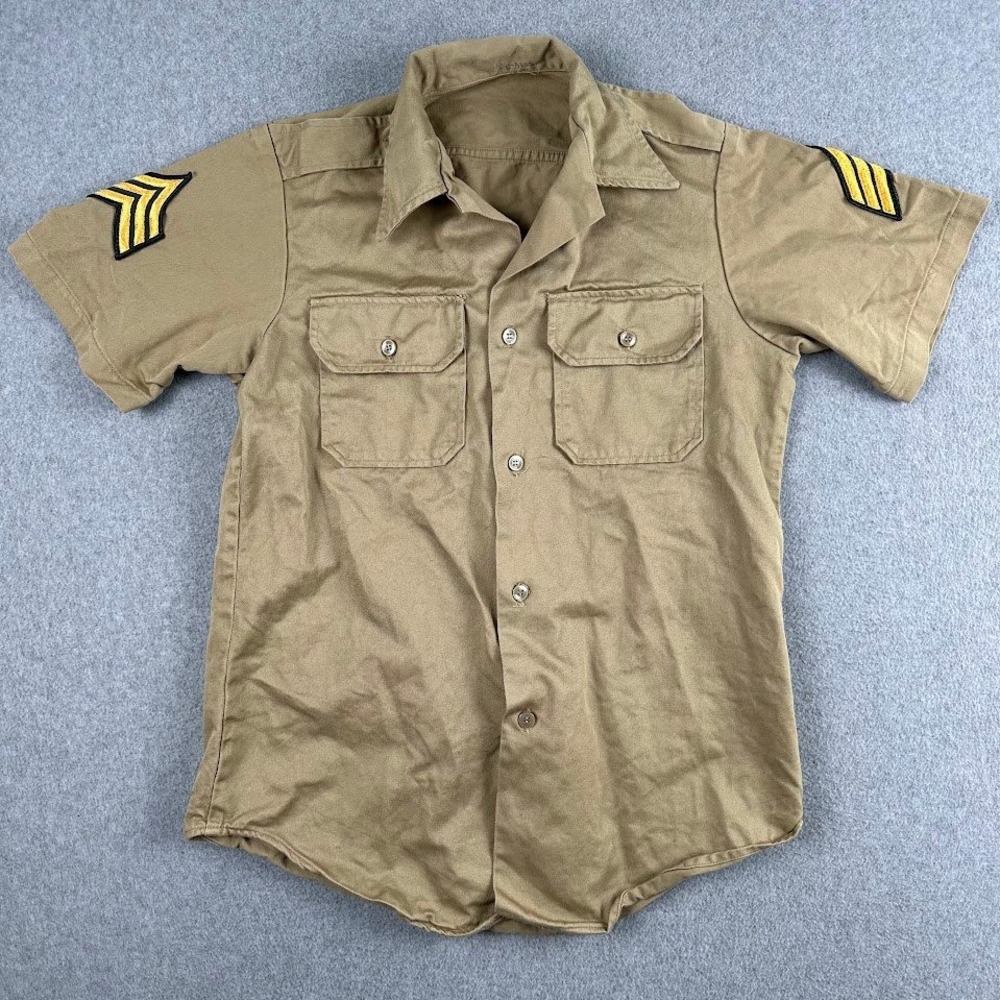 Mens Khaki Utility Shirt Sergeant Rank Patches Short Sleeve Button Small Safari‎